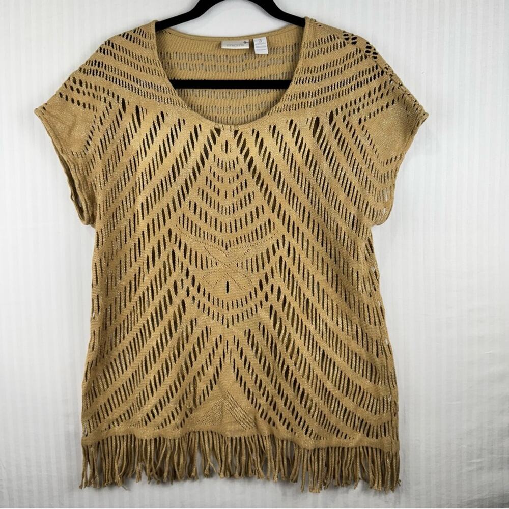 Chico’s Metallic Gold Tan Open Weave Crochet Knit Fringe Top Women Size 3 Large